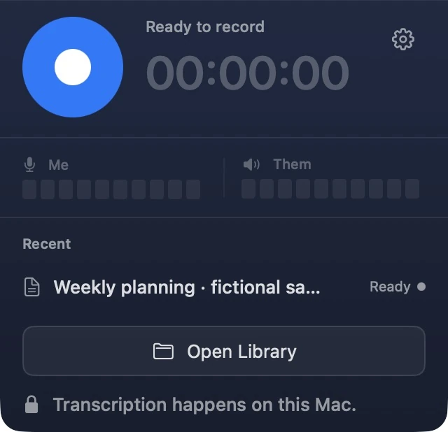 Ready-to-record HUD with the circular record button at top left, Settings gear at top right and Open Library below Recent