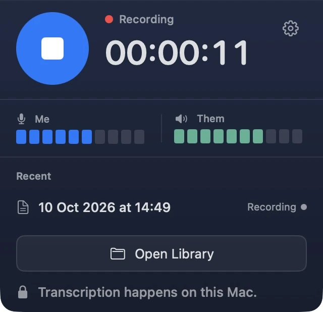 Recording HUD with a square stop button at top left, red recording indicator and timer, and Settings gear at top right