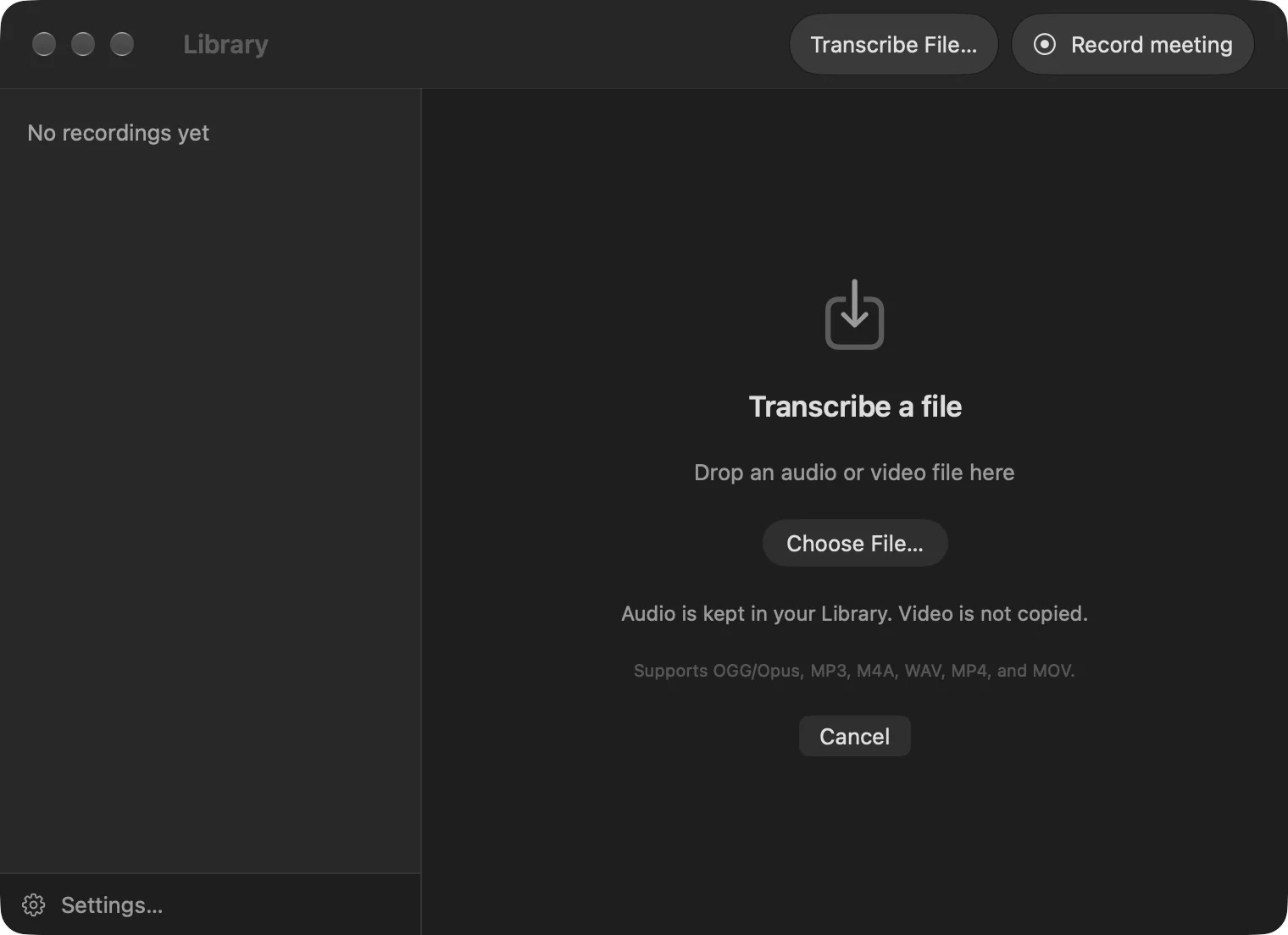 TapScribe Library showing the Transcribe a file drop area and Choose File button