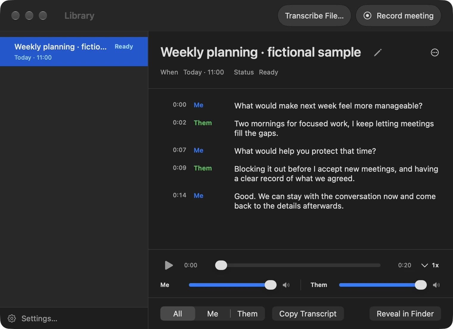 Completed fictional conversation in TapScribe Library, showing timestamped Me and Them passages, playback and Copy Transcript