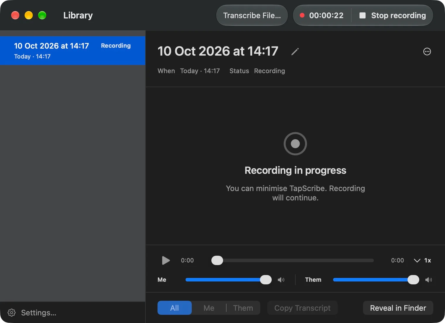 Library during recording with the timer and Stop recording at the top right, and Settings at the bottom left