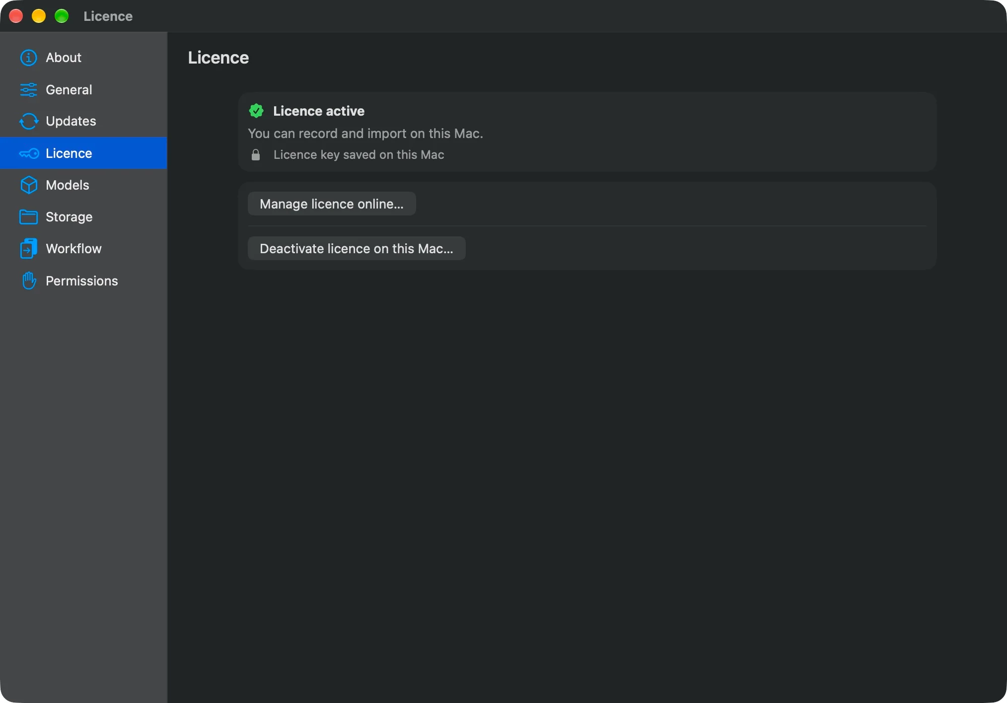 Licence settings showing Licence active and Manage licence online