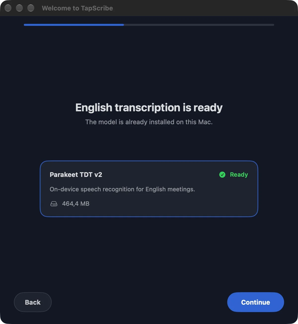 Transcription setup showing the English model already installed and ready