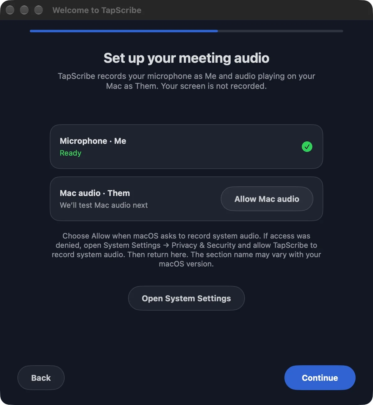 TapScribe permission step with microphone ready and Allow Mac audio