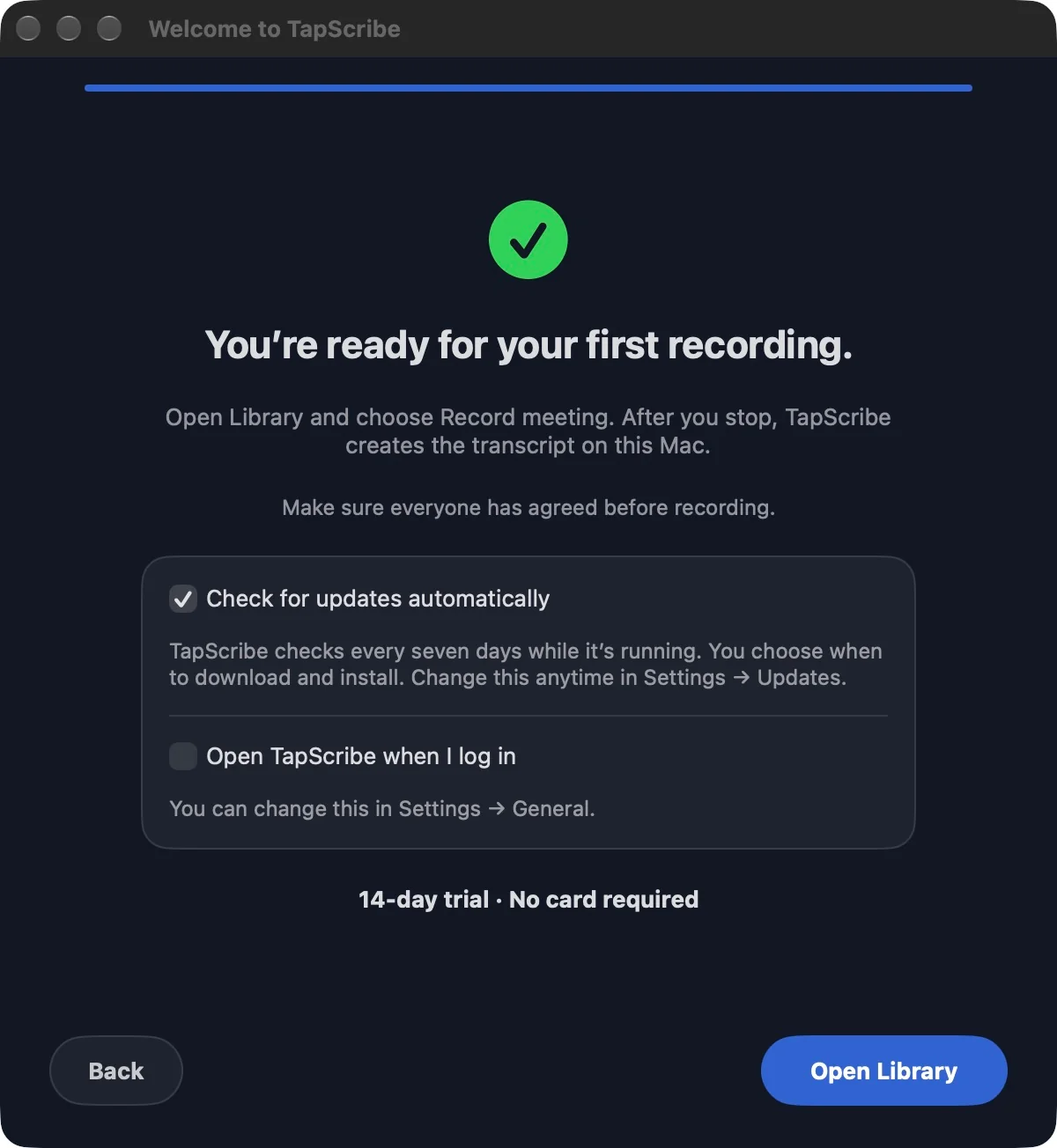 Final setup screen with automatic update checks selected and open at login unselected