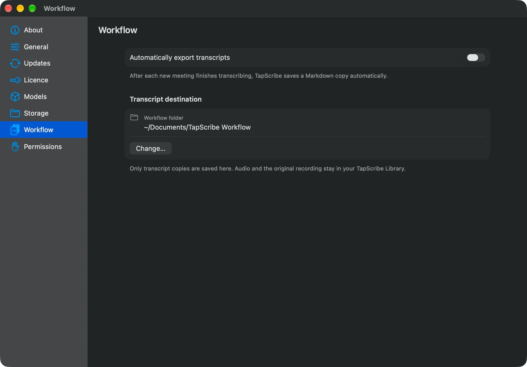Workflow settings showing a separate Markdown export destination and automatic export switched off
