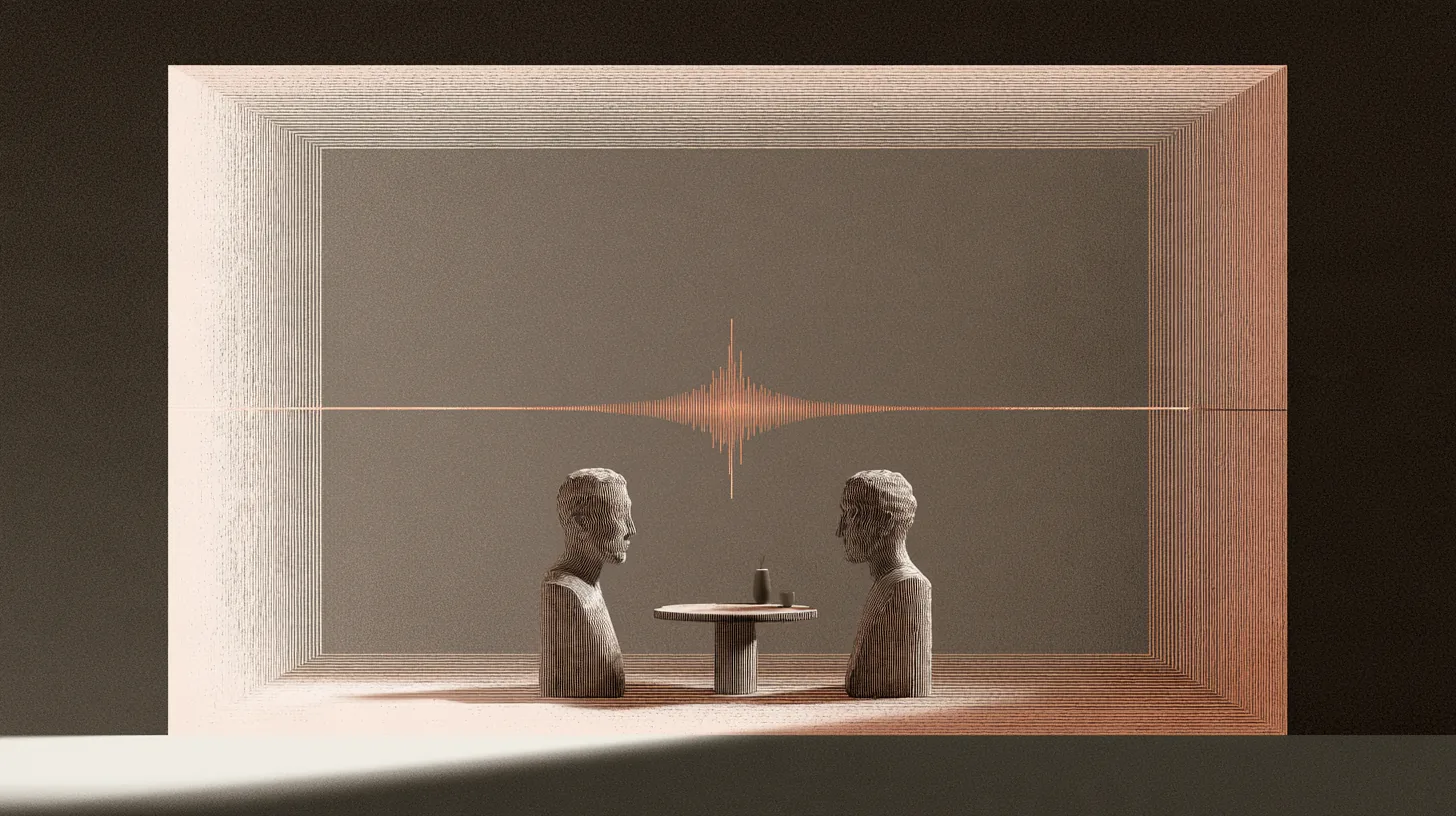 Two sculptural figures facing each other across a table inside a warm architectural frame, with a copper sound wave above them.
